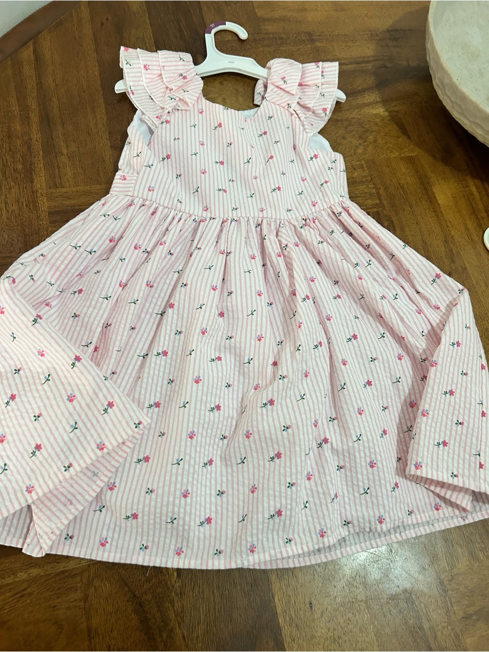 Girls' Pink Floral Stripe Ruffle Sleeve Dress